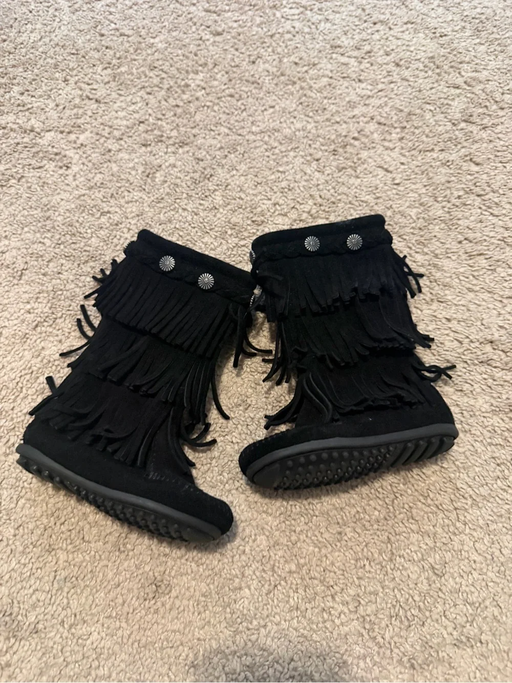 Minnetonka Black Fringe Moccasin Boots for Kids